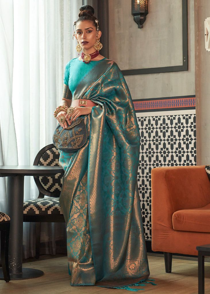 pacific blue dual tone kanjivaram silk saree featuring traditional handloom weave